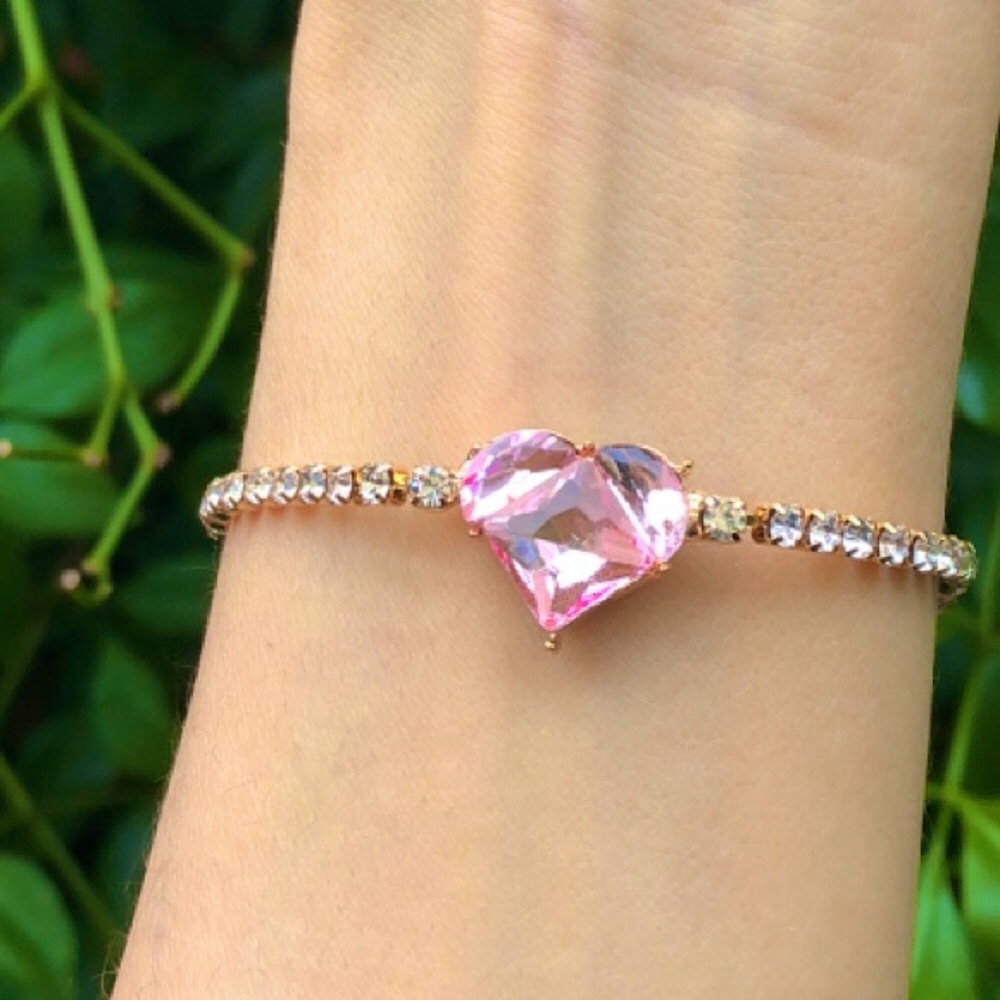 Gold + Pink Cubic Zirconia Heart Rolo Bracelet